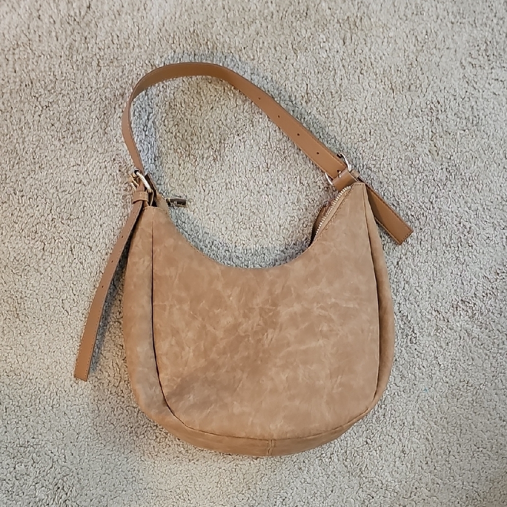 Tan Suede Hobo Bag with Metal Hardware